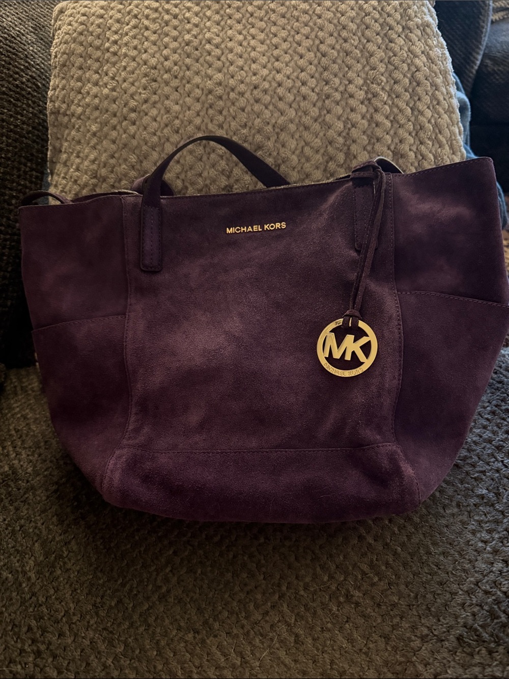 Michael Kors Deep Purple Suede Tote with Gold MK Charm